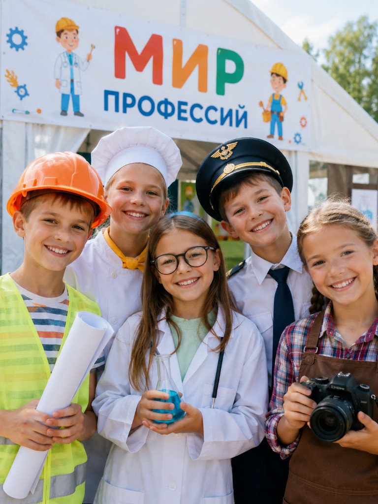 Дети в костюмах разных профессий — лагерь «Мир профессий»