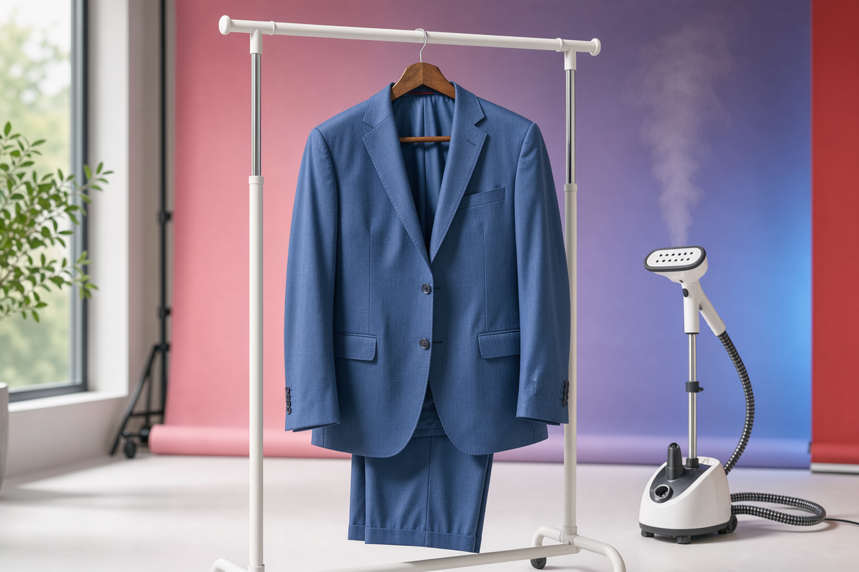 A men's suit hanging on a wide-shouldered wooden hanger to air dry, steamer nearby (but not used), gentle natural light, no products visible