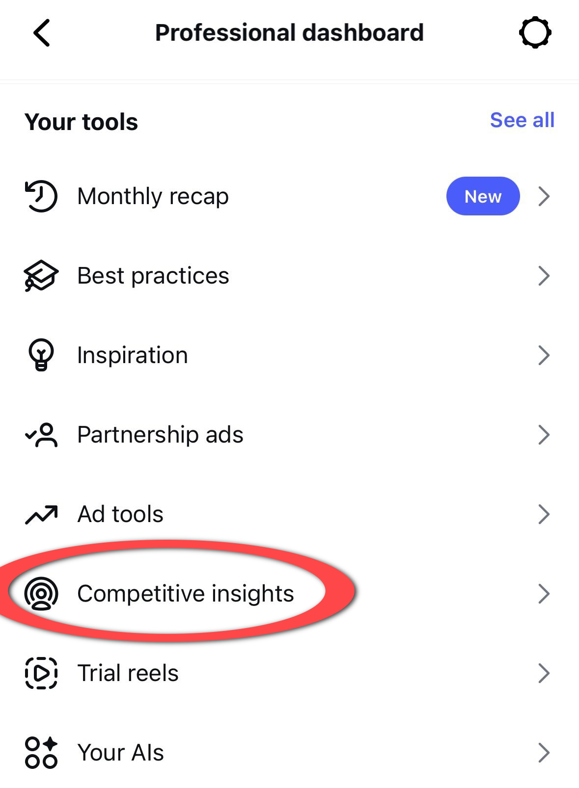 Скриншот дашборда в инстаграме с функцией Competitive Insights (Анализ конкурентов) в Профессиональной панели