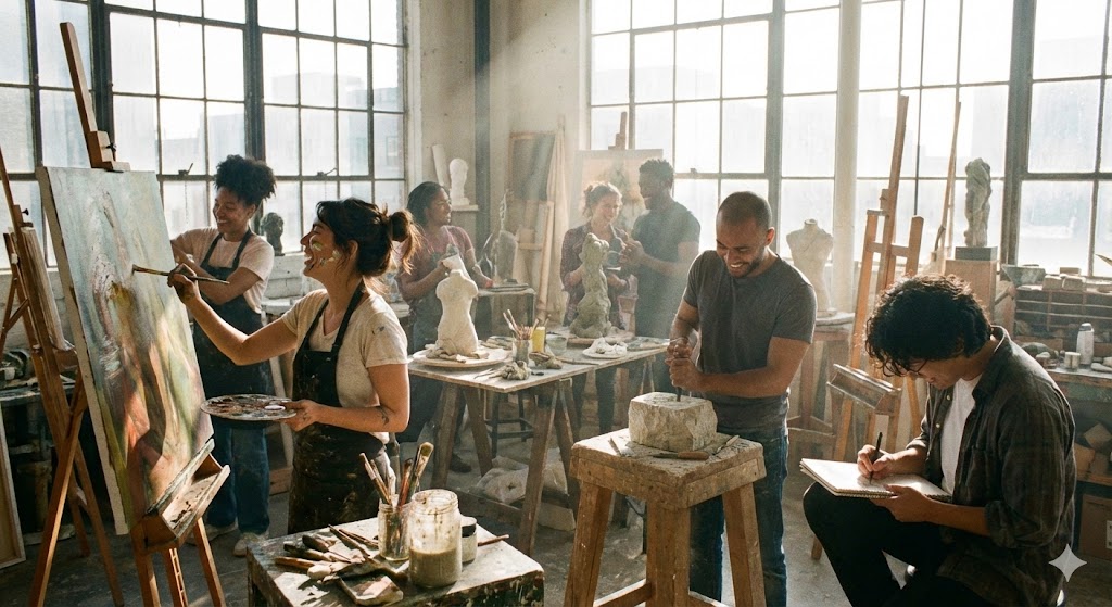 Люди занимаются живописью и искусством в светлой студии в День творчества и вдохновения