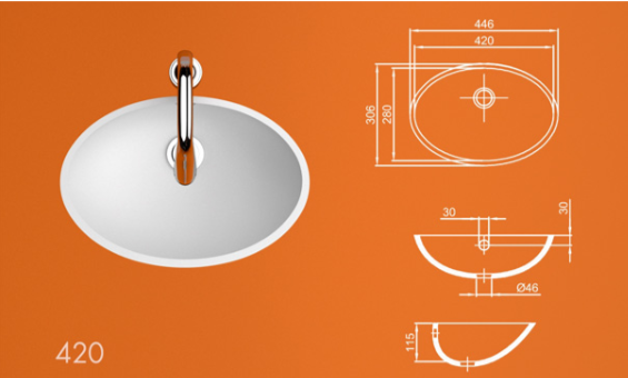 Раковина 420 из акрилового камня, размеры: ширина 420 мм, глубина 306 мм, высота борта 145 мм. Овальная форма, схема параметров и монтажа.