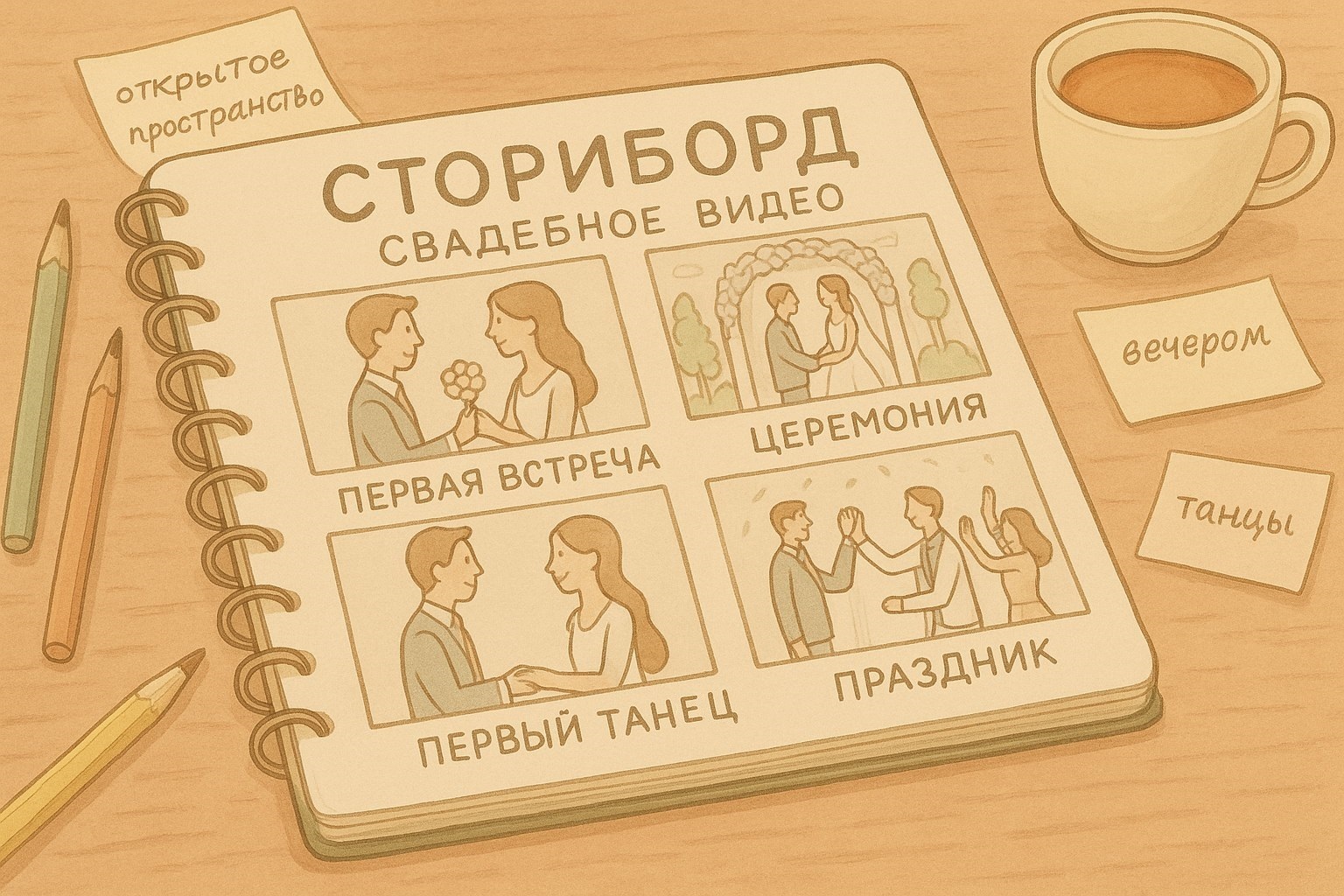 Скетчбук с планом структуры свадебного клипа на рабочем столе
