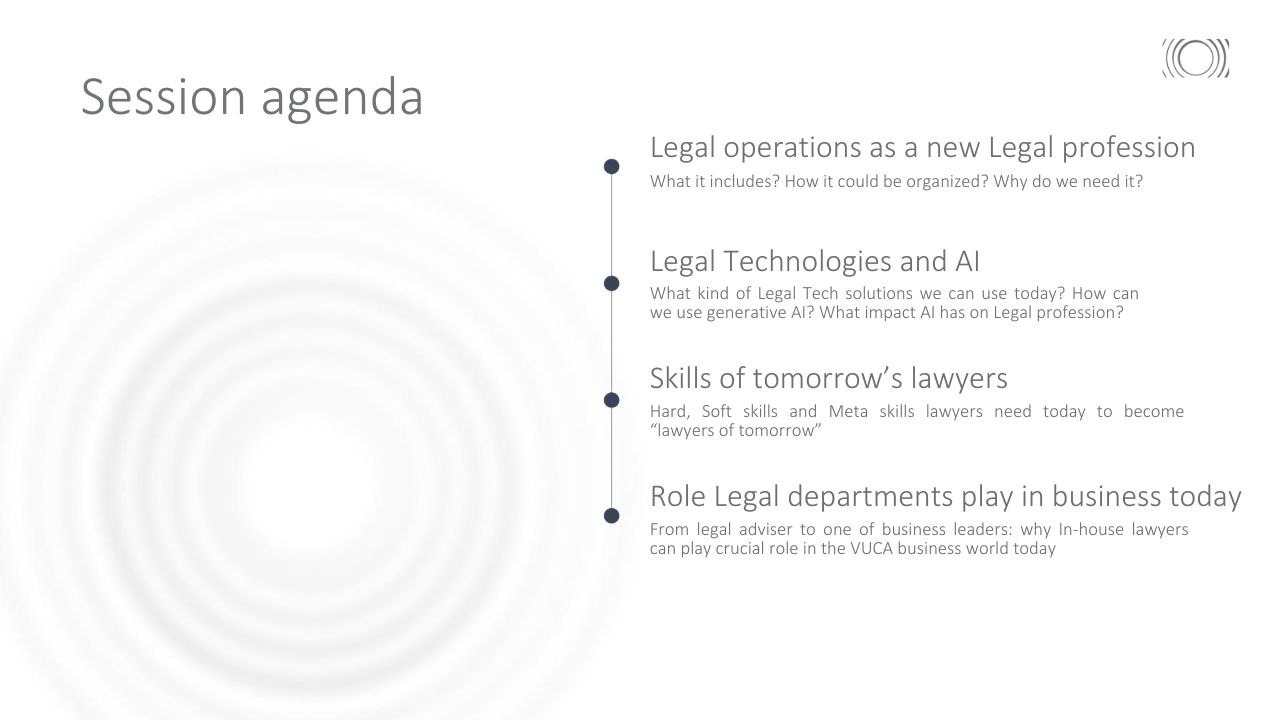 Session agenda Legal operations as a new Legal profession What it includes? How it could be organized? Why do we need it? Legal Technologies and Al What kind of Legal Tech solutions we can use today? How can we use generative Al? What impact Al has on Legal profession? Skills of tomorrow's lawyers Hard, Soft skills and Meta skills lawyers need today to become 