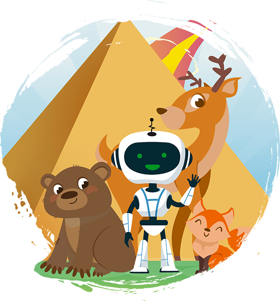 Животные, робот, пирамида, ракета 