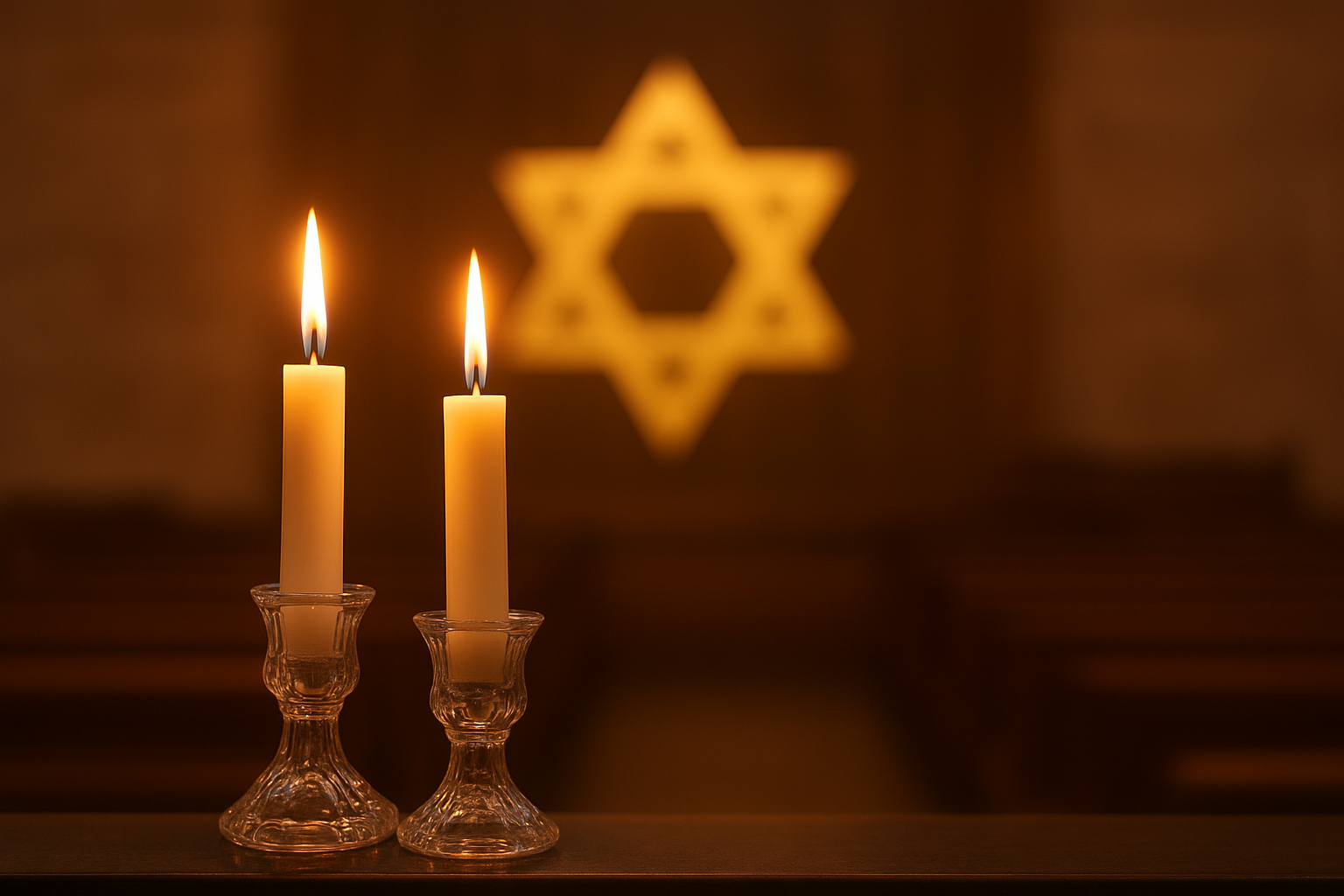 Шаббат Шува: горящие свечи и звезда Давида в синагоге, отражение раскаяния и надежды перед Йом Кипуром