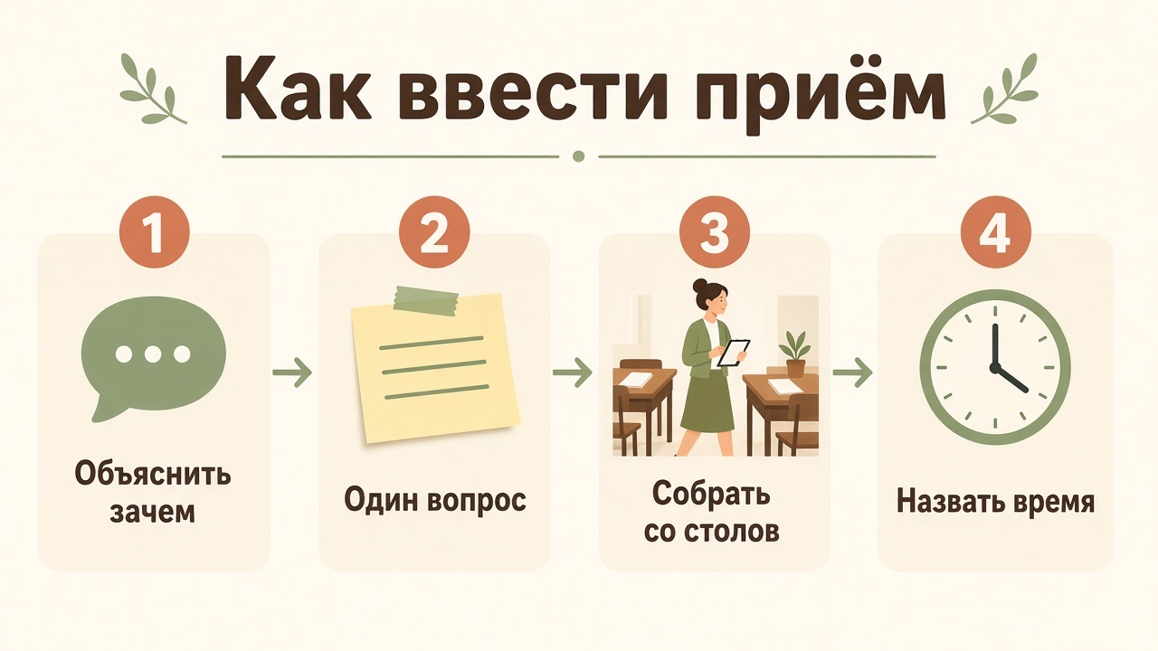 Четыре шага: объяснить зачем, один стикер — один вопрос, собрать записи со столов и назвать время возвращения