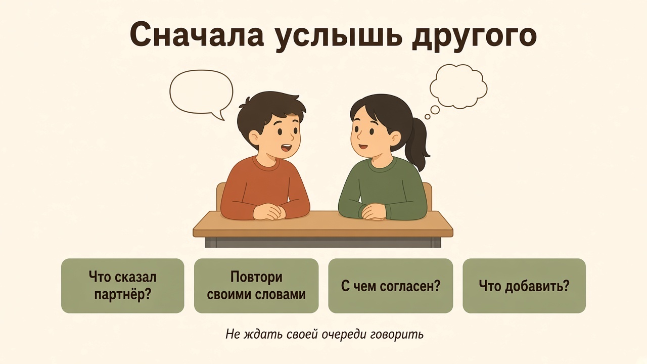 После ответа партнёра: что он сказал, повтори своими словами, с чем согласен