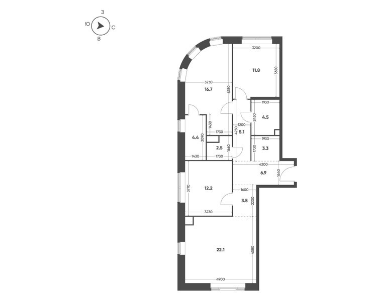 Планировка: 3-комнатная квартира 93 м² в ЖК «Мариин Парк», секция 1.1, 3-й этаж