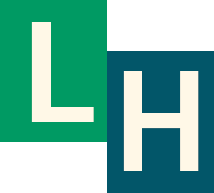 Эмблема компании 'Лигал Хелп' (Legal Help) с буквами 'L' и 'H' на зеленом и синем фоне, с красным значком уведомления в правом верхнем углу