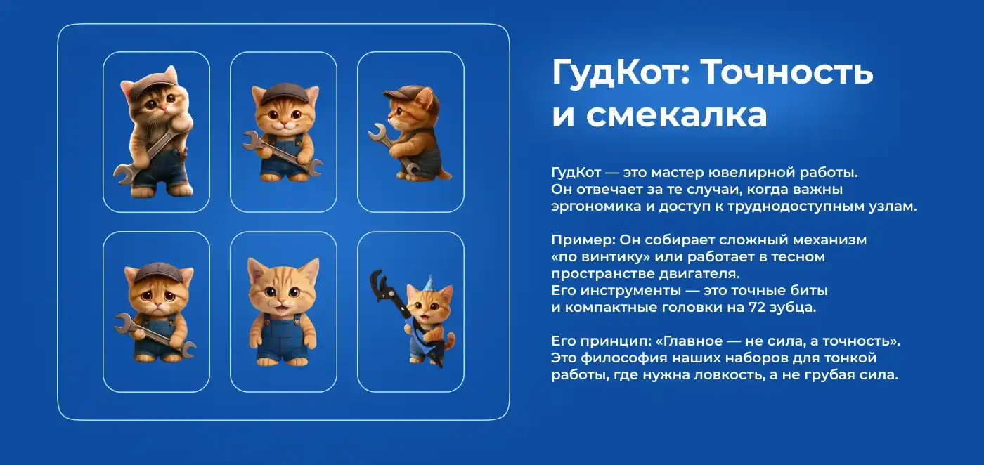 ГудКот — точность и смекалка: мастер ювелирной работы, компактные головки и биты, персонаж в комбинезоне с гаечным ключом