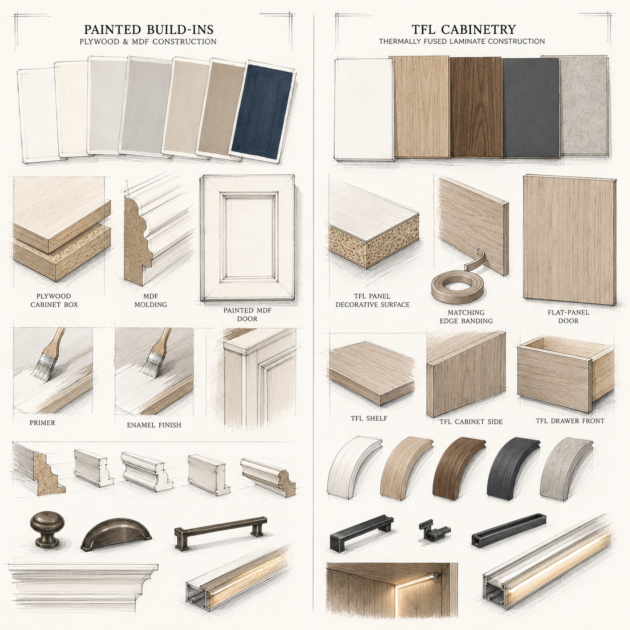 Material board comparing painted plywood and MDF cabinetry with TFL finishes, wood textures, edge banding, hardware, and LED profiles
