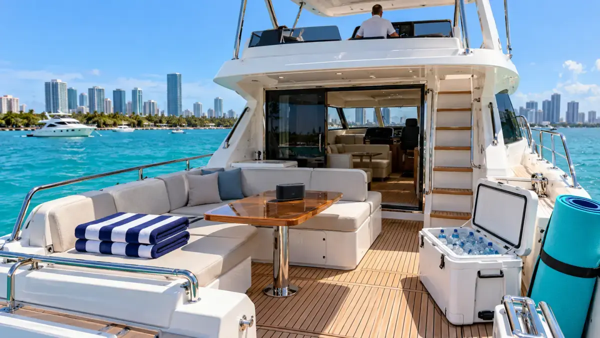 Aft deck of a motor yacht in Miami with folded beach towels, a cooler with ice and bottled water, a Bluetooth speaker and a rolled floating mat