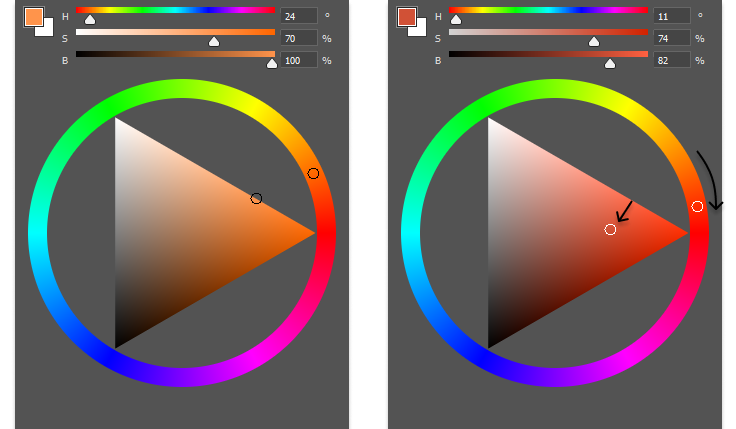 Слева — цвет для света. Справа — для тени или среднего тона