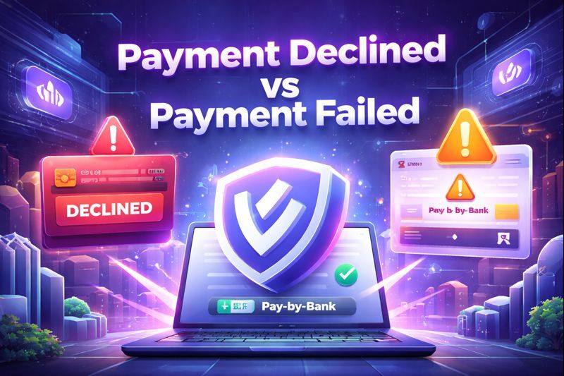 Illustration showing the difference between a declined card payment and a failed payment in WooCommerce, with a secure pay-by-bank flow highlighted by Wallid.