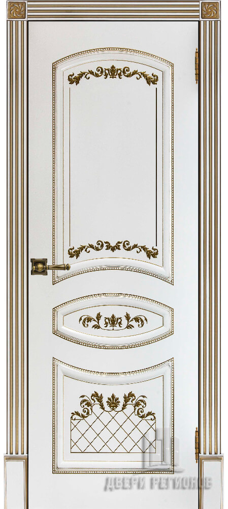 Дверь межкомнатная Алина Патина золото глухая, цвет Эмаль белая RAL 9003