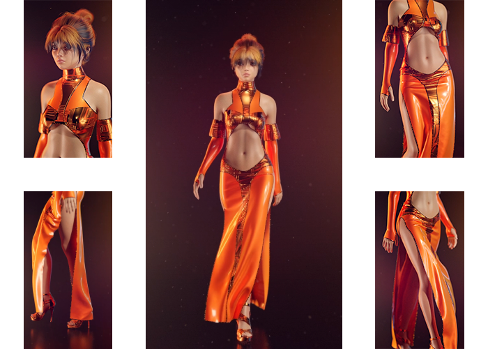 Цифровое платье апельсинового цвета на модели