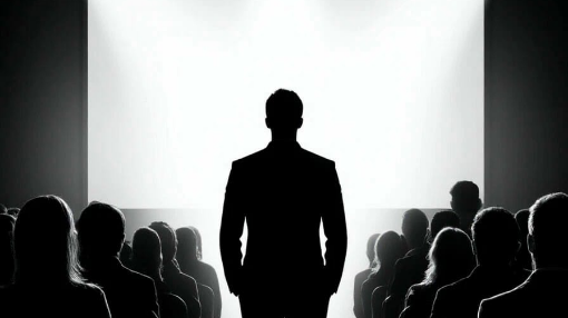 мужчина на фоне экрана. Выступает публично