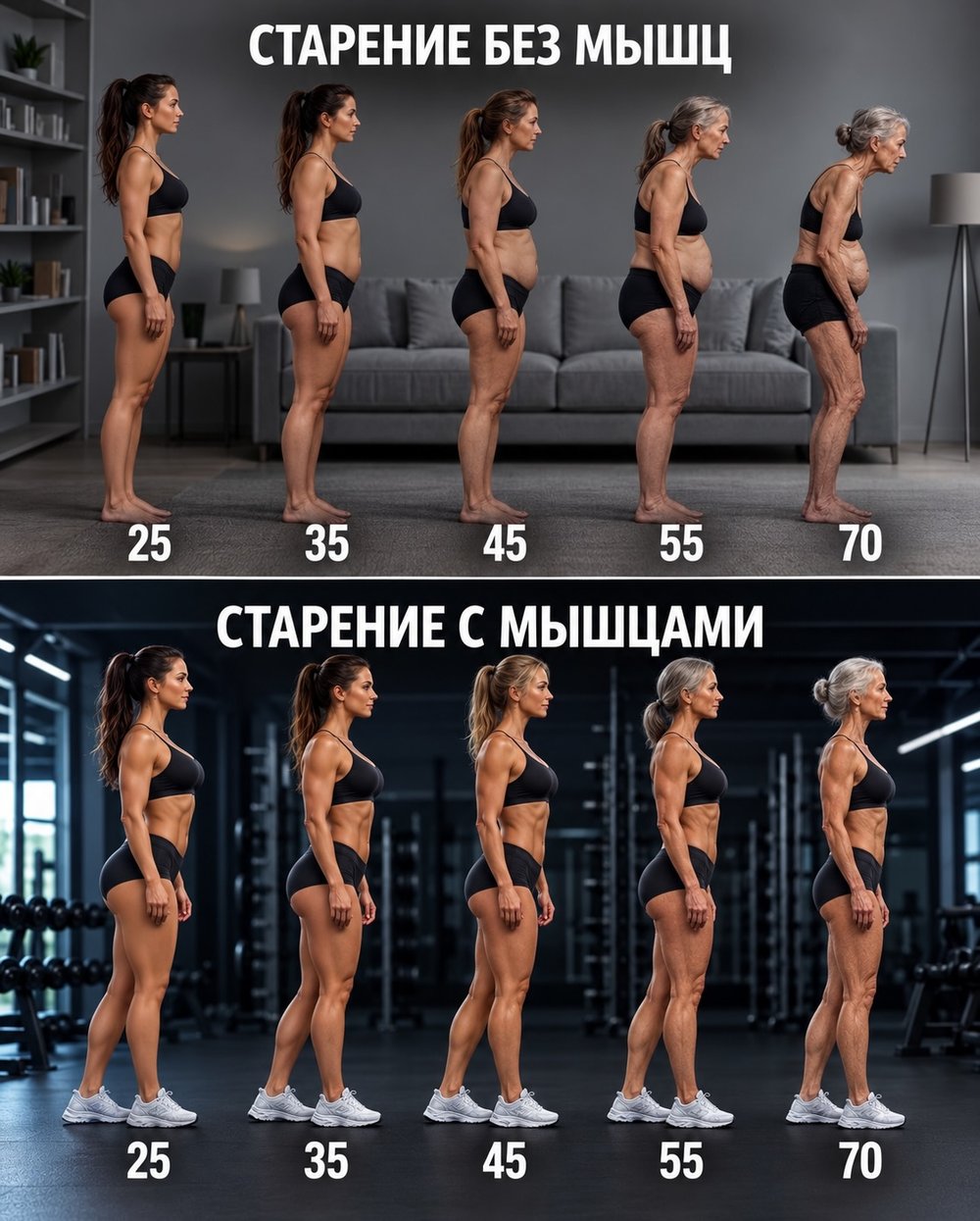Сравнение: как выглядит старение женщины без мышц и с мышцами, от 25 до 70 лет