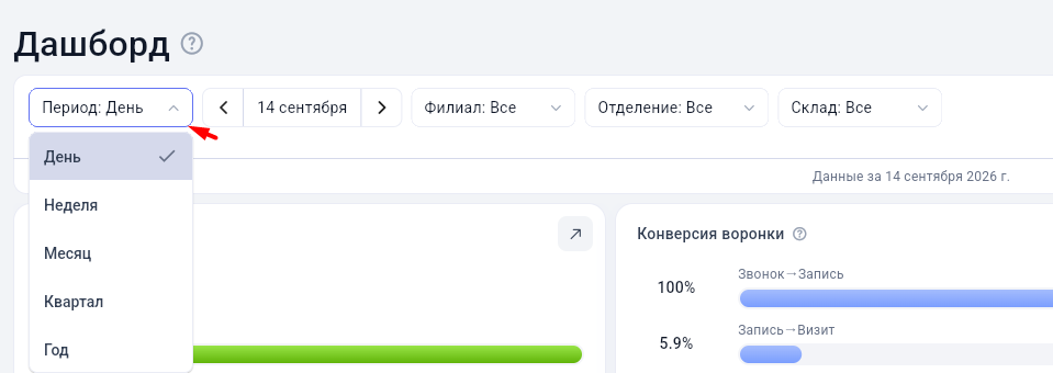 Выбор периода дашборда в Get Well