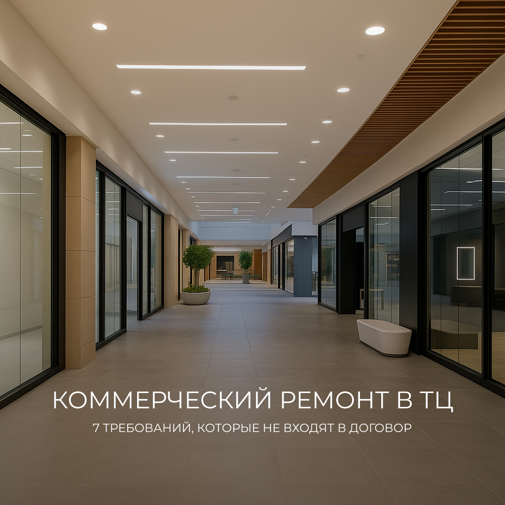 Светлый современный торговый центр после ремонта: новый кафельный пол, стеклянные витрины, яркое освещение и пустые арендные пространства, готовые к запуску.