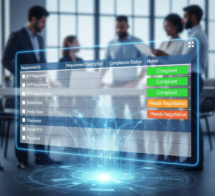 Image of a computer screen showing vendor proposal scores with people behind it