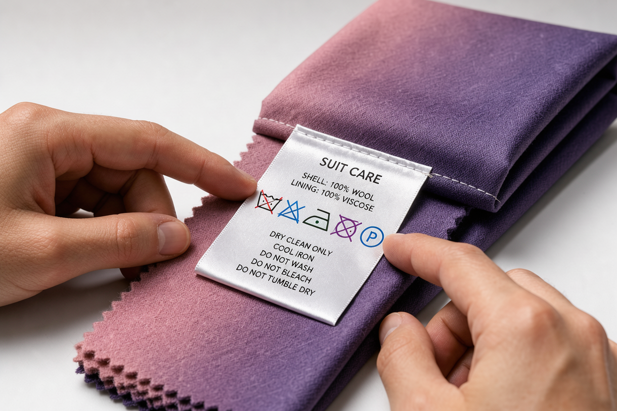 Close-up of a care label and fabric swatch of a suit, hands pointing at washing symbols, neutral background, no cleaning products