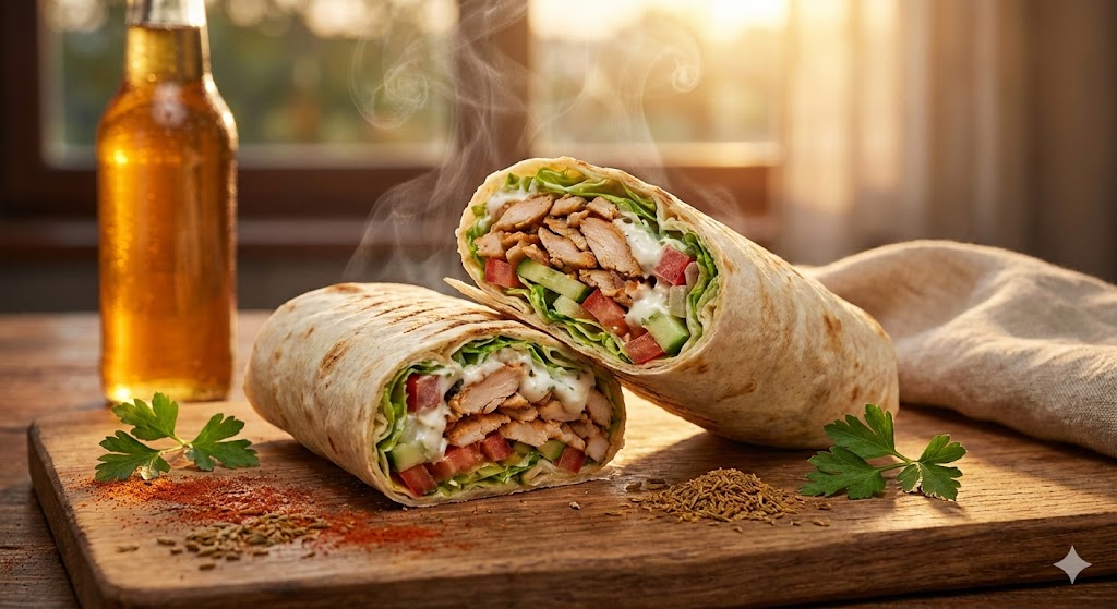 Сочная мясная шаурма в разрезе на деревянном столе, символ Всемирного дня шаурмы 15 января