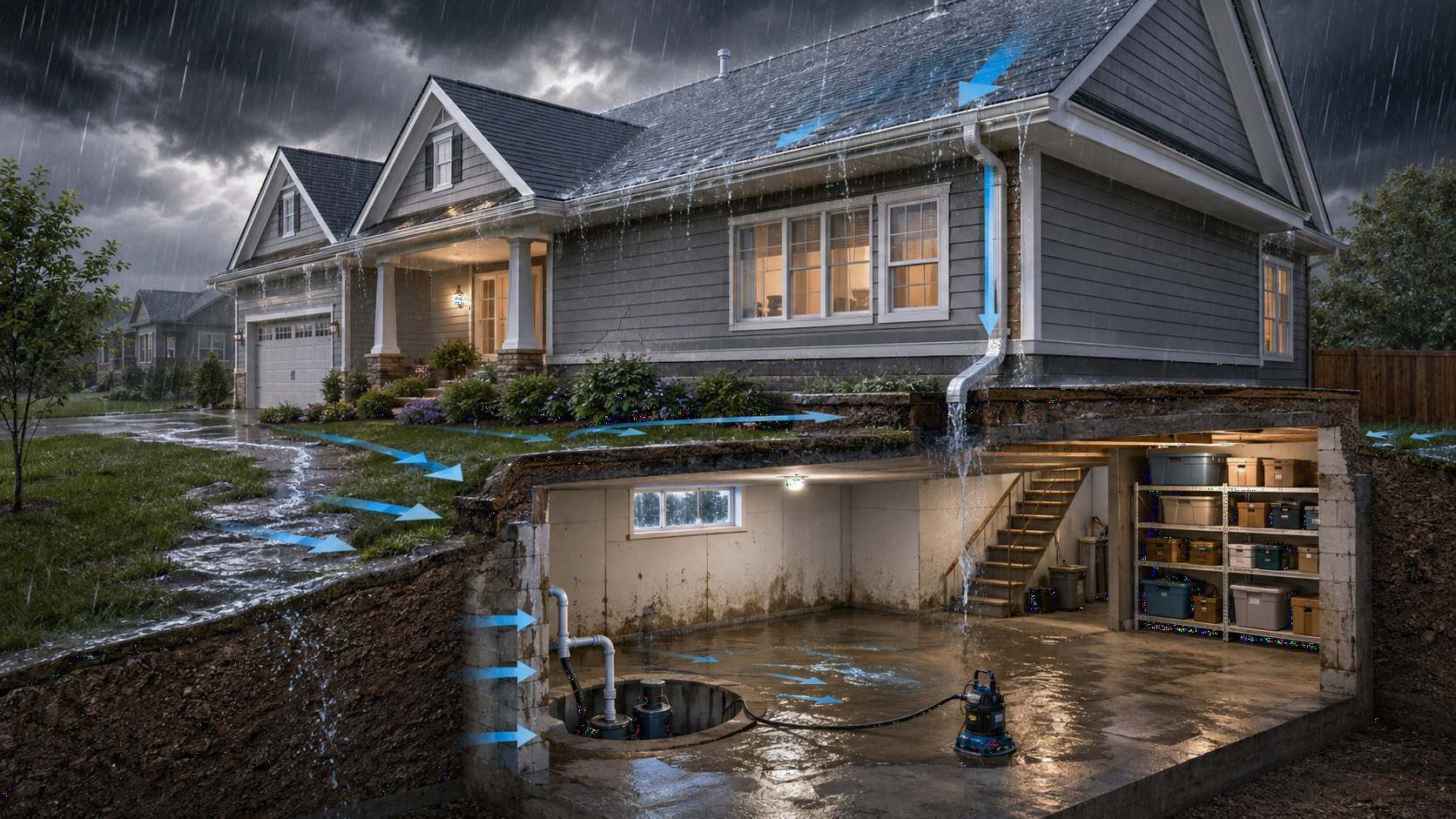 Spring flooding water damage Virginia illustration showing heavy rain poor drainage overflowing gutters downspout runoff basement water intrusion sump pump area and flooded basement during a Northern Virginia spring storm