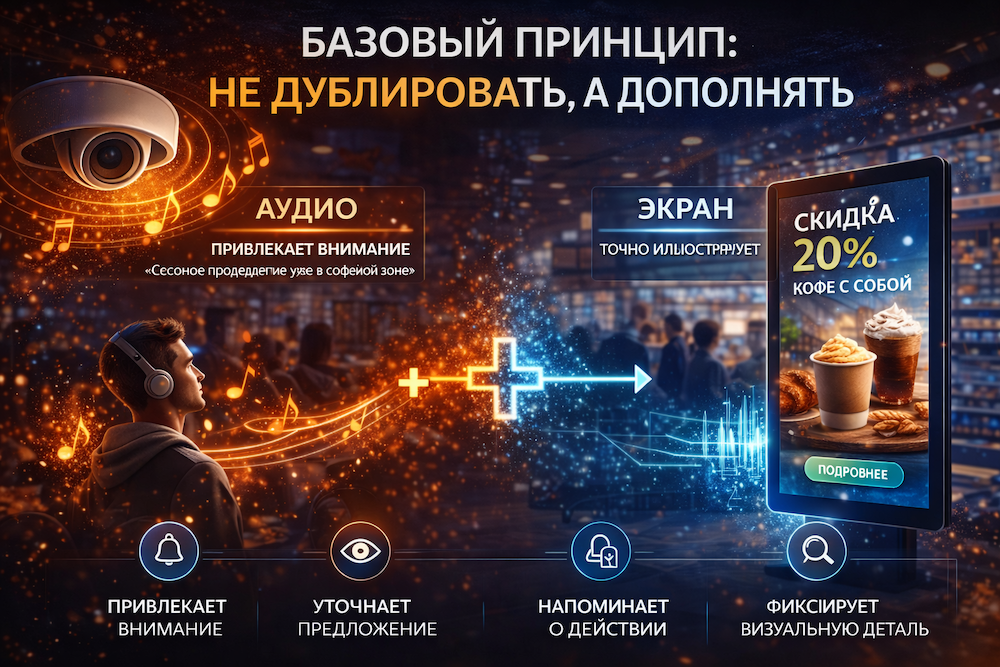 Человек в наушниках и реклама на экране