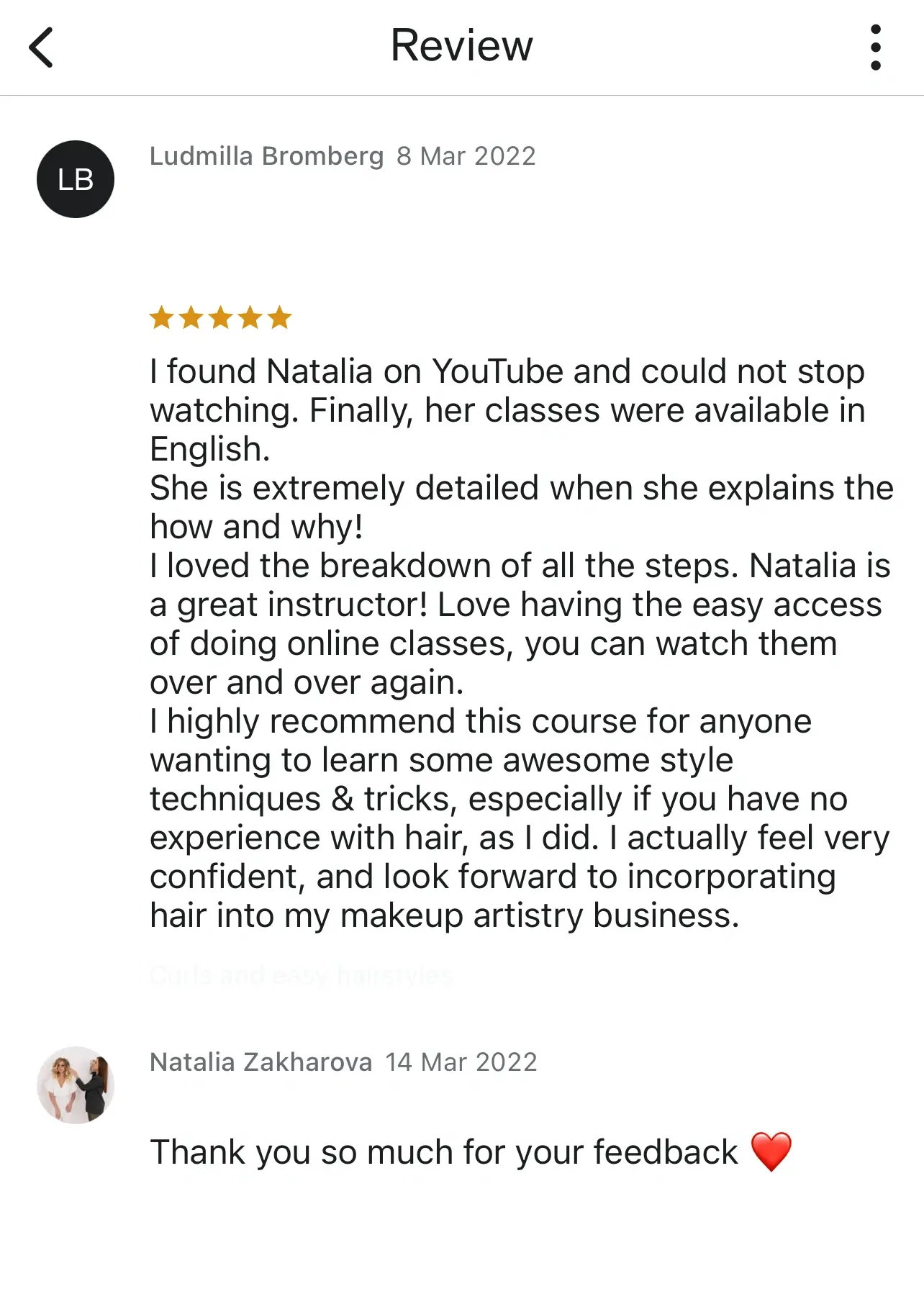 5-star review from a stylist praising the detailed step-by-step method