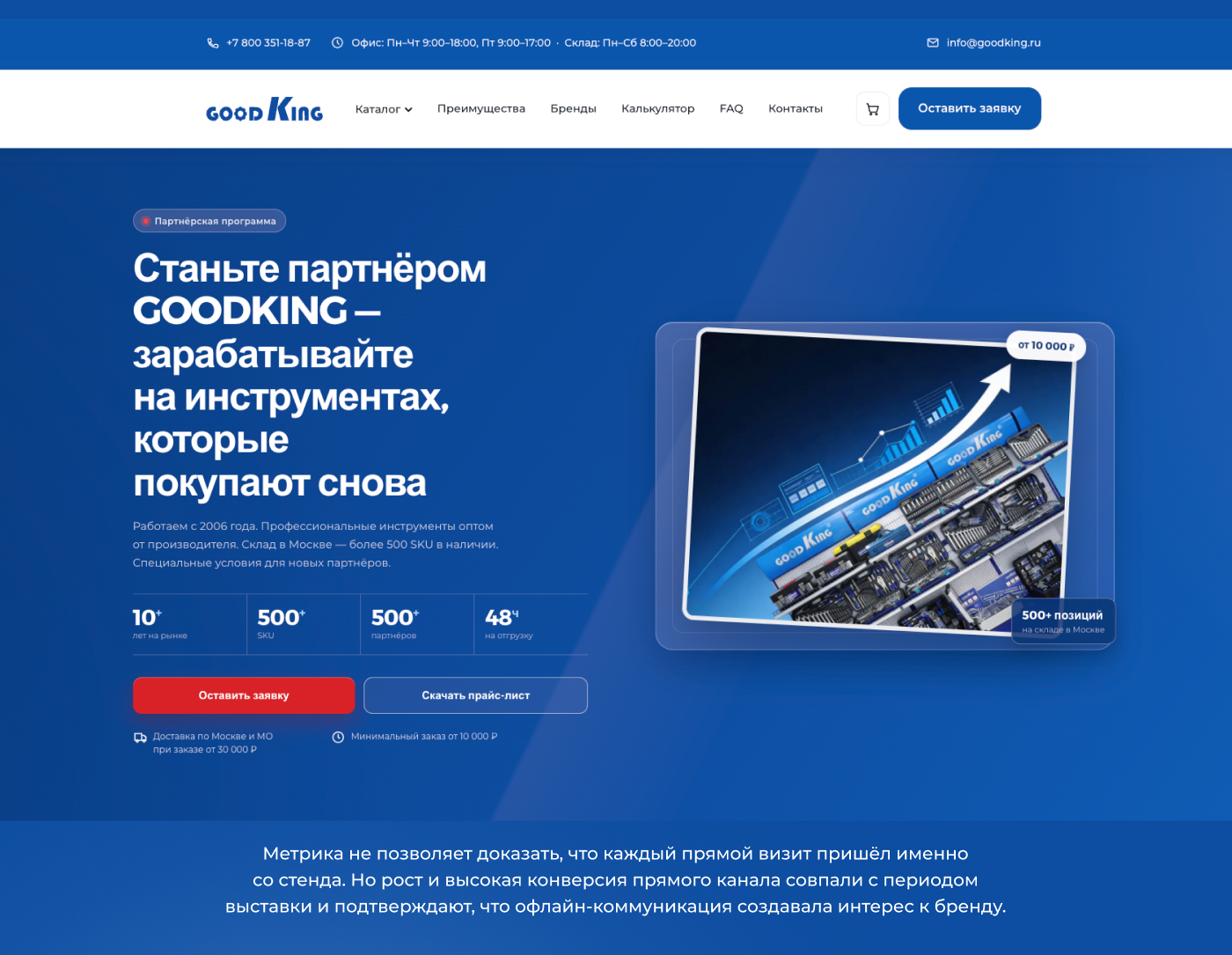 Главный экран B2B-сайта GOODKING с партнёрской программой, каталогом инструмента и пояснением об атрибуции прямых визитов после выставки