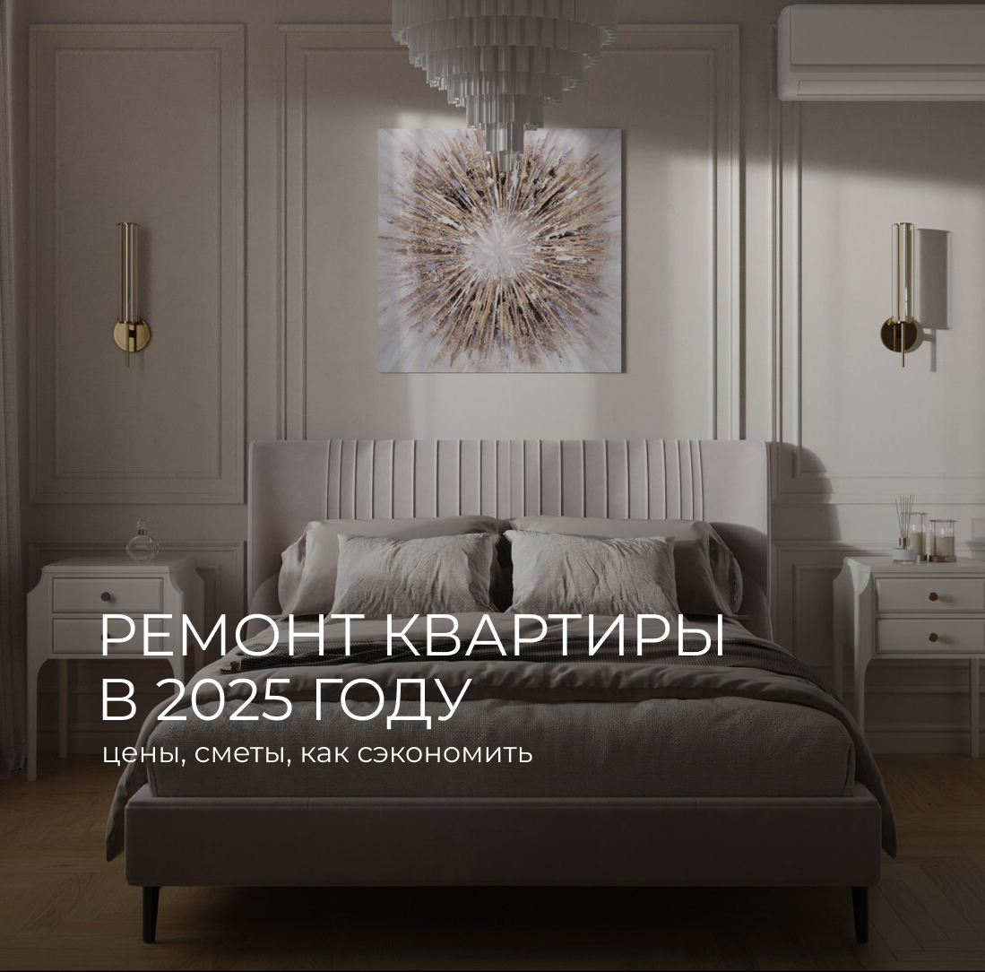 Современная спальня в классическом стиле: мягкое изголовье кровати, светильники с золотистой отделкой, белые прикроватные тумбы и центральная картина с абстрактным солнечным узором. Интерьер выполнен в спокойных серо-бежевых тонах. Текст на изображении: «