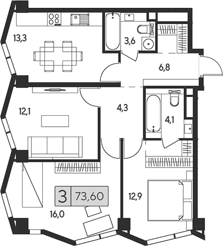 3-комн 73,60 м²