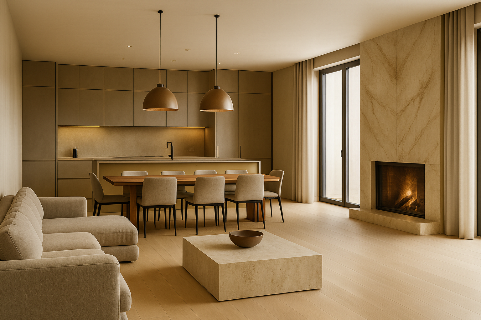 Открытая кухня-гостиная 55 м²: дубовый пол, остров 3×1 м с латунью, портал из Calacatta Oro, Москва-центр