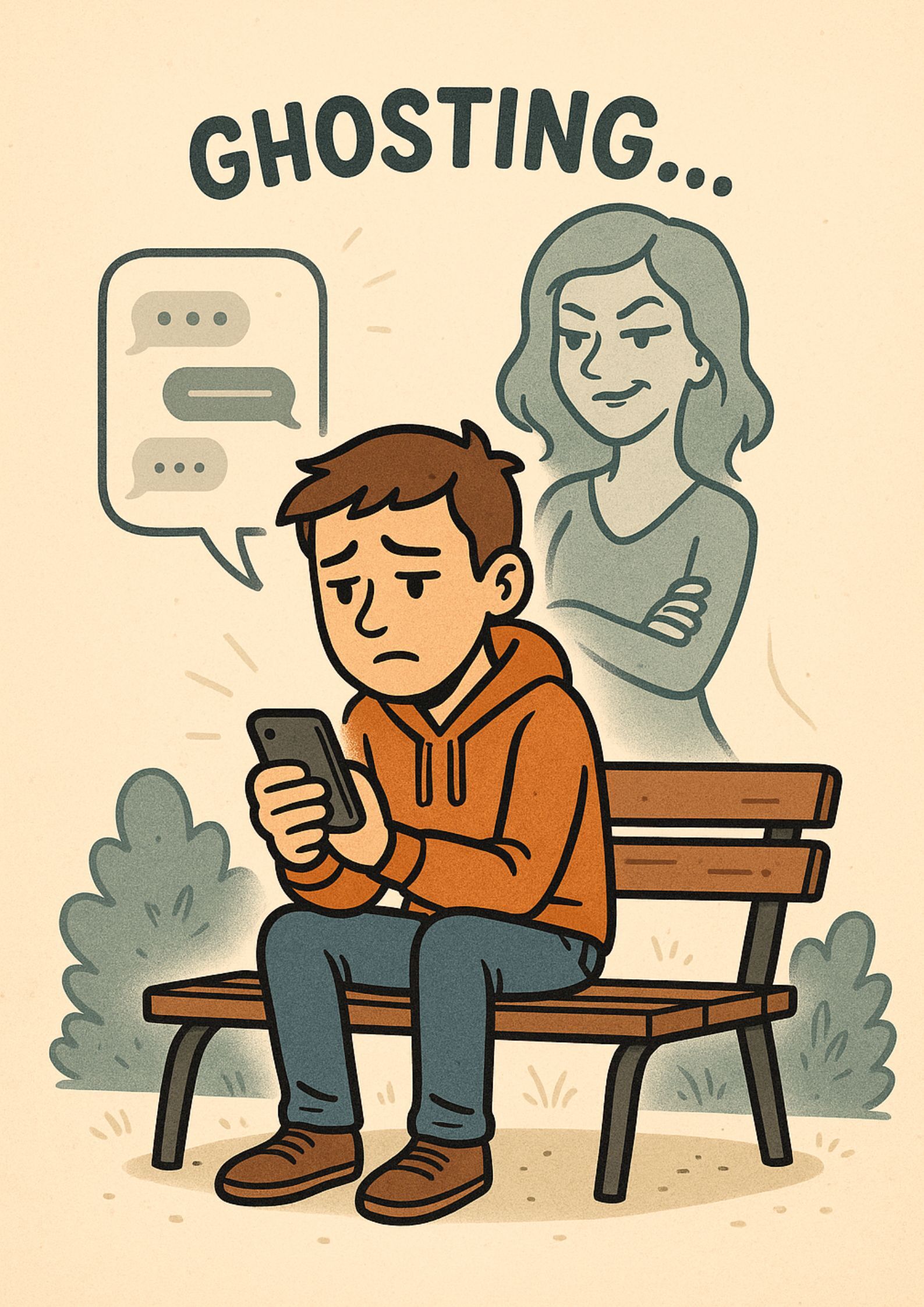 Комиксовая иллюстрация: парень грустно смотрит на телефон, за ним силуэт девушки-призрака — пример употребления слова ghosting в значении «пропадать без объяснений».