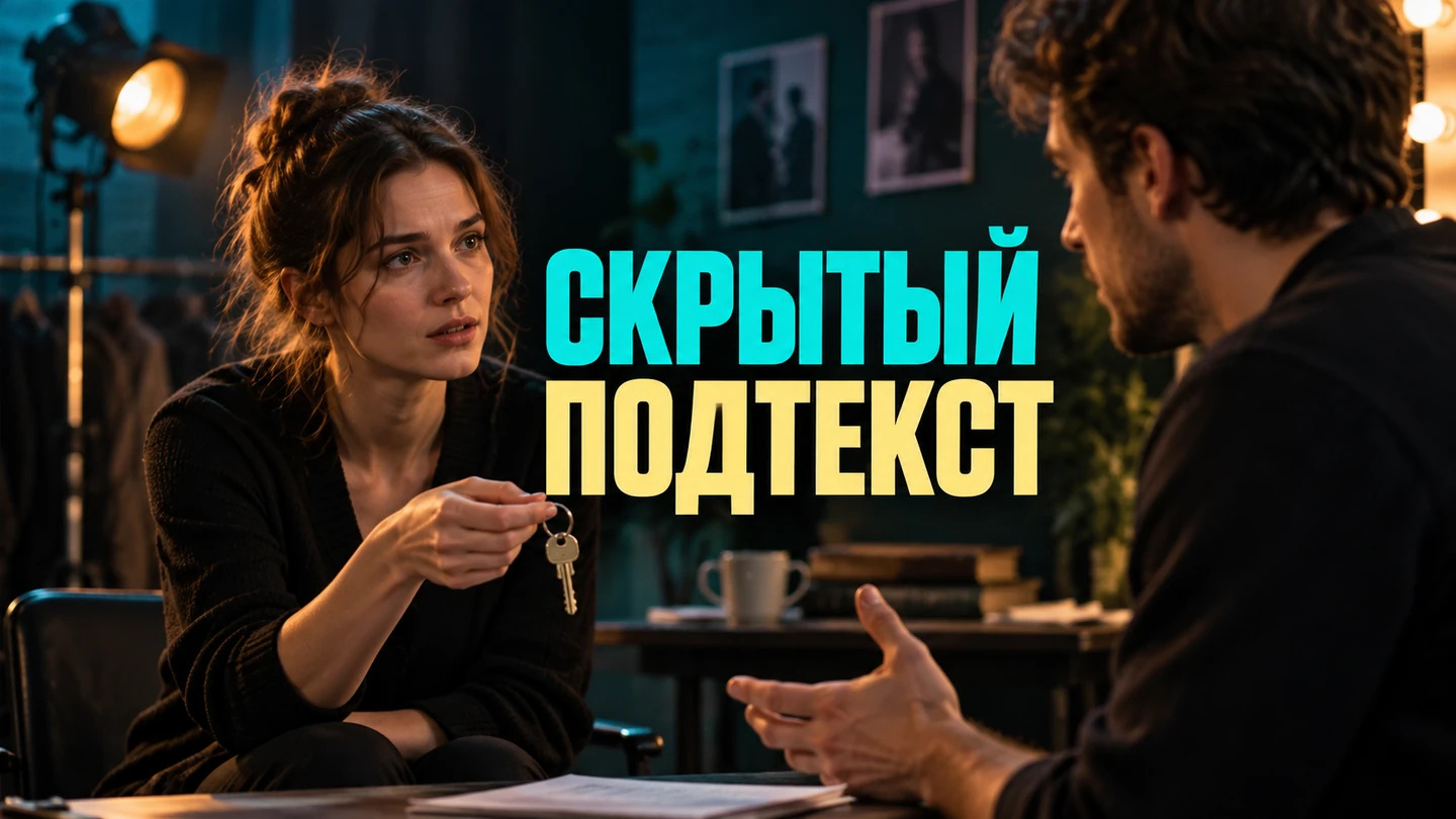 Обложка статьи «Подтекст в диалоге: как сыграть смысл, которого нет в словах»: Двое исполнителей в учебной сцене о ключах и надпись «Подтекст в сцене». Заголовок «СКРЫТЫЙ — ПОДТЕКСТ» встроен в изображение.