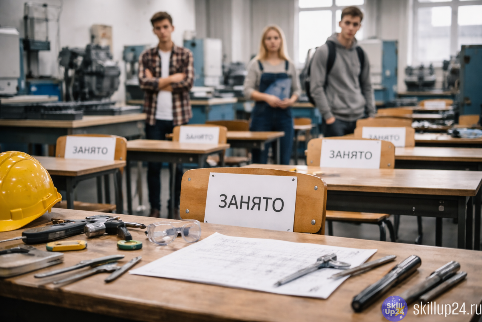 Учебная аудитория среднего профессионального образования — часть рабочих мест пустые, на партах инструменты и учебное оборудование, ощущение отбора и дефицита мест. Атмосфера поворотного момента: доступ к платному обучению в СПО ограничивается, выбор проф