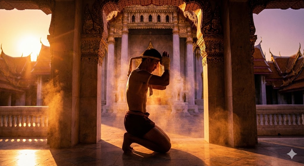 Боец Муай Тай выполняет ритуальный танец Вай Кру на фоне древнего храма в Таиланде