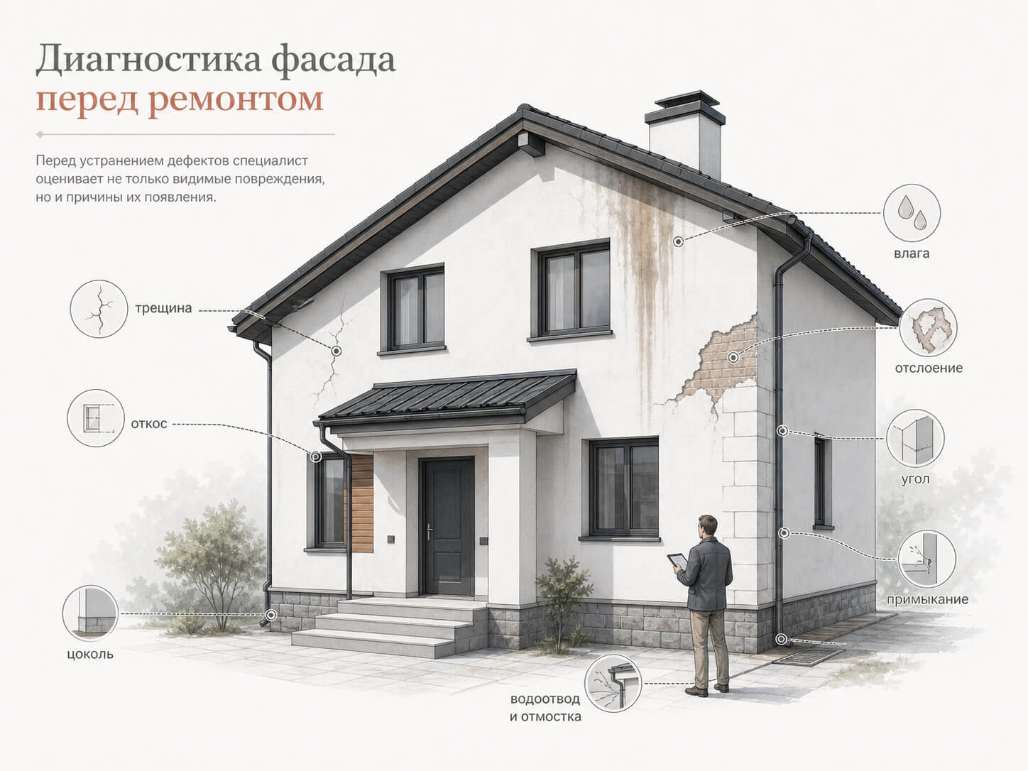 Инфографическая иллюстрация диагностики фасада частного дома с отмеченными зонами трещин, влаги, цоколя, откосов и примыканий.