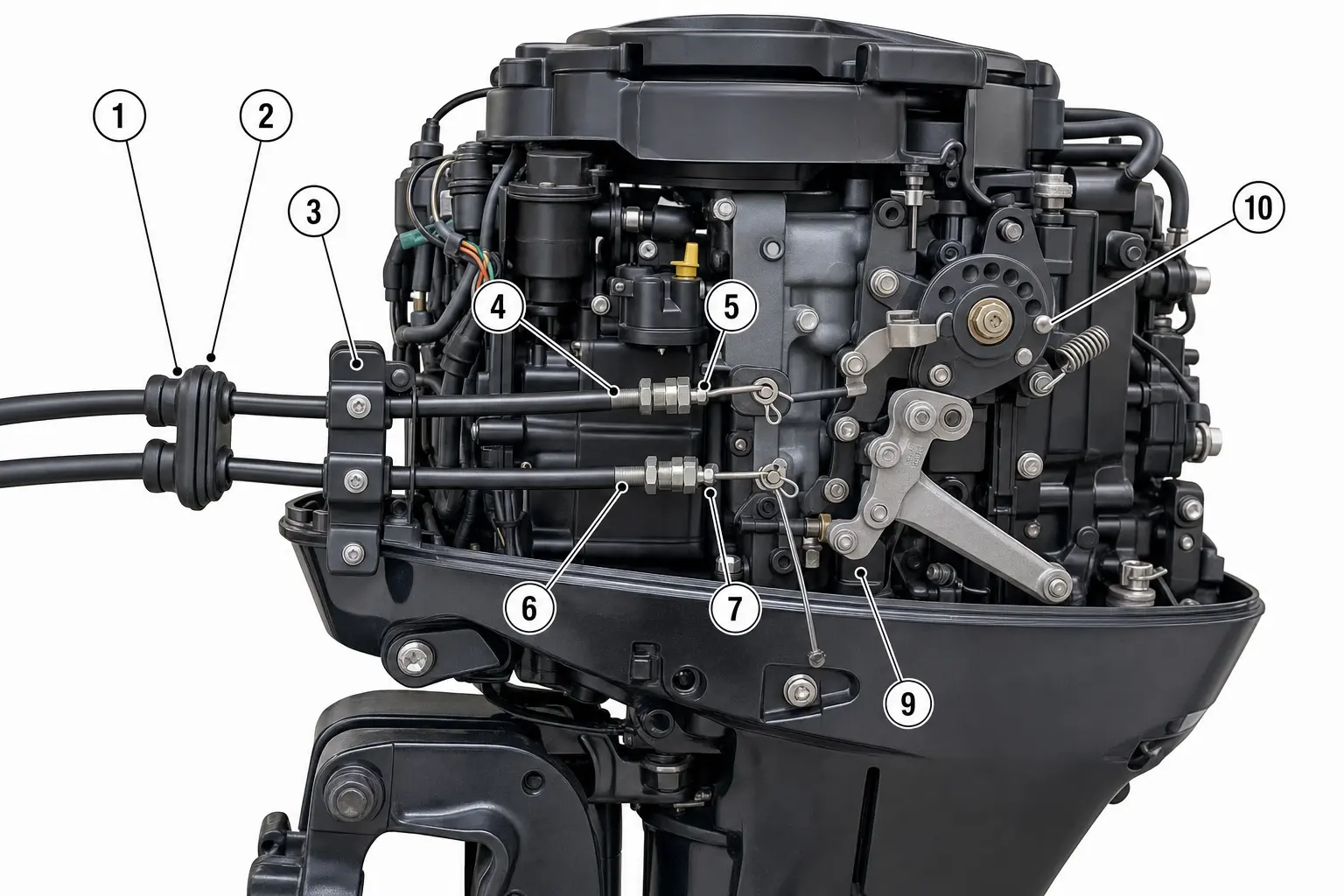 Suzuki DF20 со снятым кожухом: тросы газа и реверса на моторе