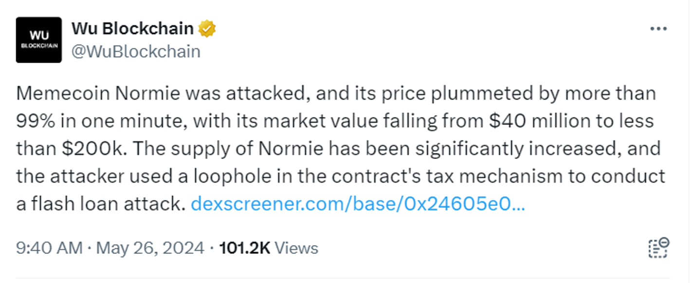 NORMIE meme token crashed 99% after being hacked. The hacker returned the  funds for the restart