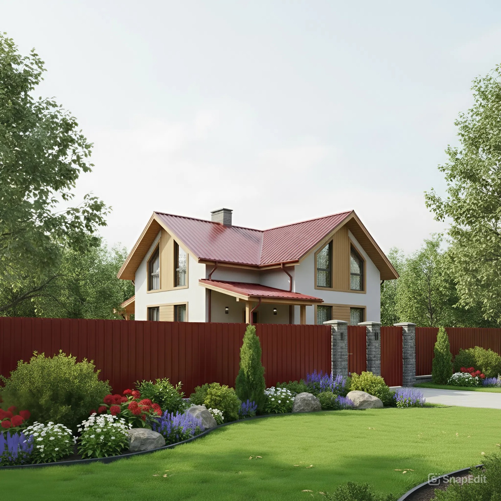 Красивый дом с красной крышей из металлочерепицы и забором из профнастила