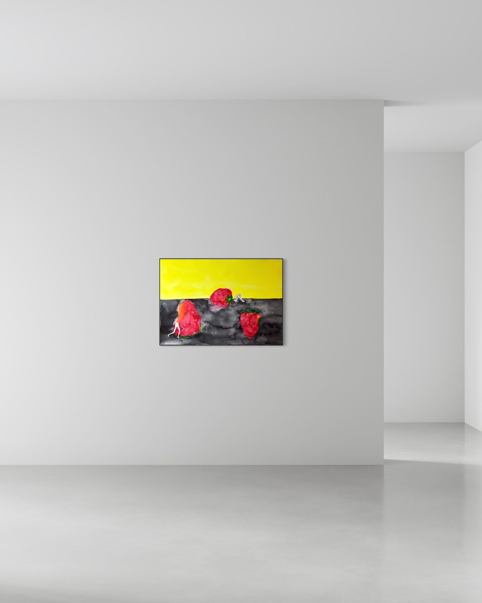 Сюрреалистичная акварель — клубника и маленькие женские фигуры, современная акварель купить Тбилиси, surrealuri akvareli, marili