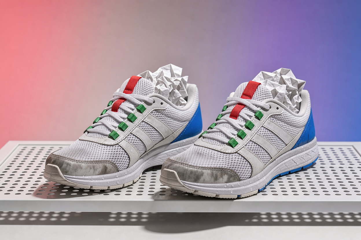 Freshly washed sneakers stuffed with crumpled white paper drying on a ventilated shelf indoors away from direct sunlight