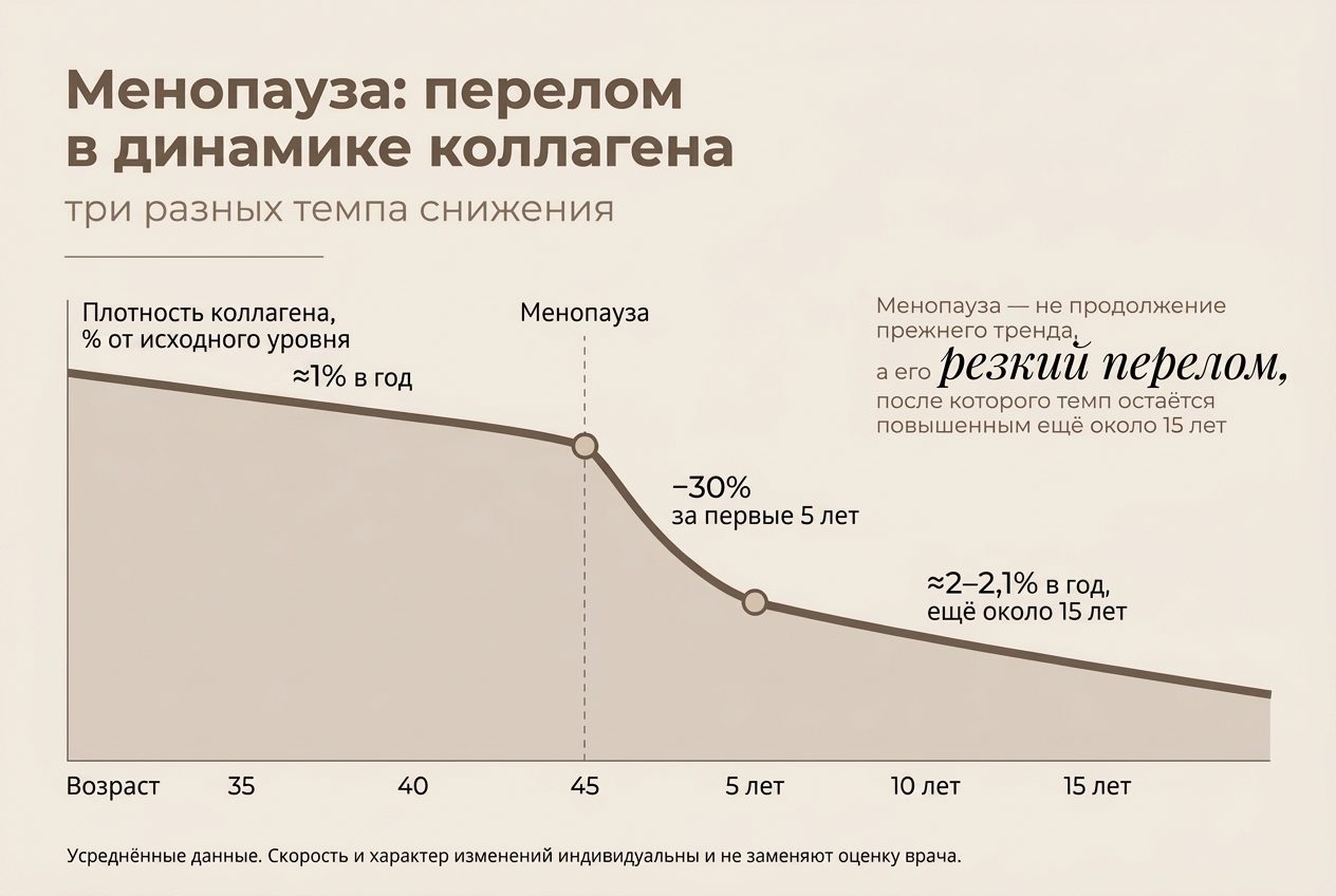 Ускорение потери коллагена в первые годы менопаузы по сравнению с обычным возрастным снижением