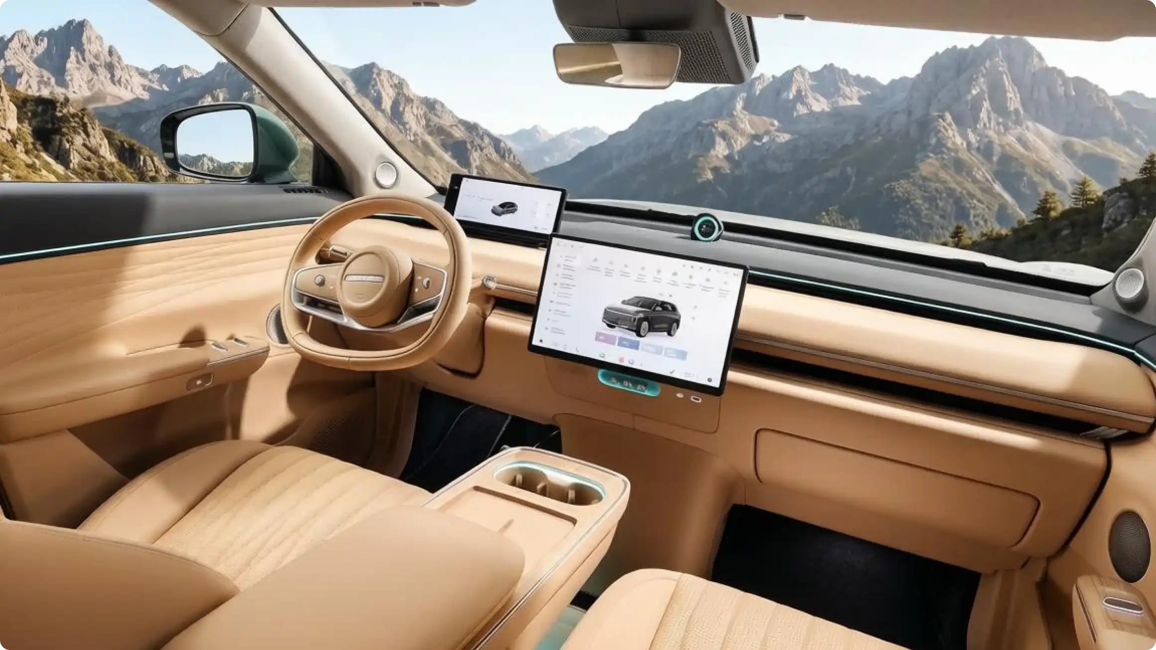 Роскошный бежевый салон автомобиля ESTEO EXLANTIX ET с панорамным видом на горы, большим центральным сенсорным экраном мультимедиа, цифровой приборной панелью и современным трехспицевым рулем