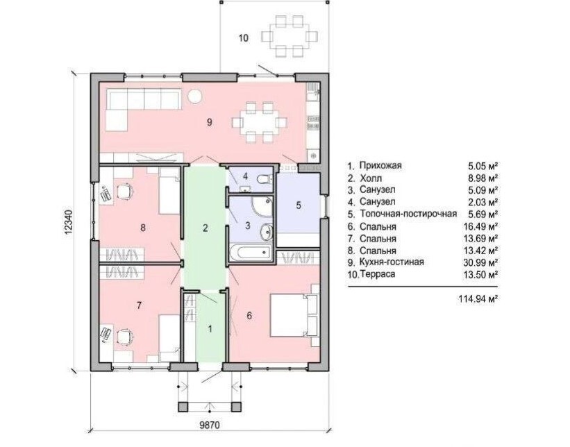 Планировка одноэтажного дома 114,94 м² с указанием площадей комнат