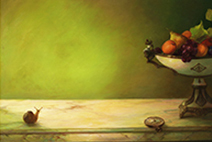 картина часы улитка и ваза с фруктами на мраморном столе