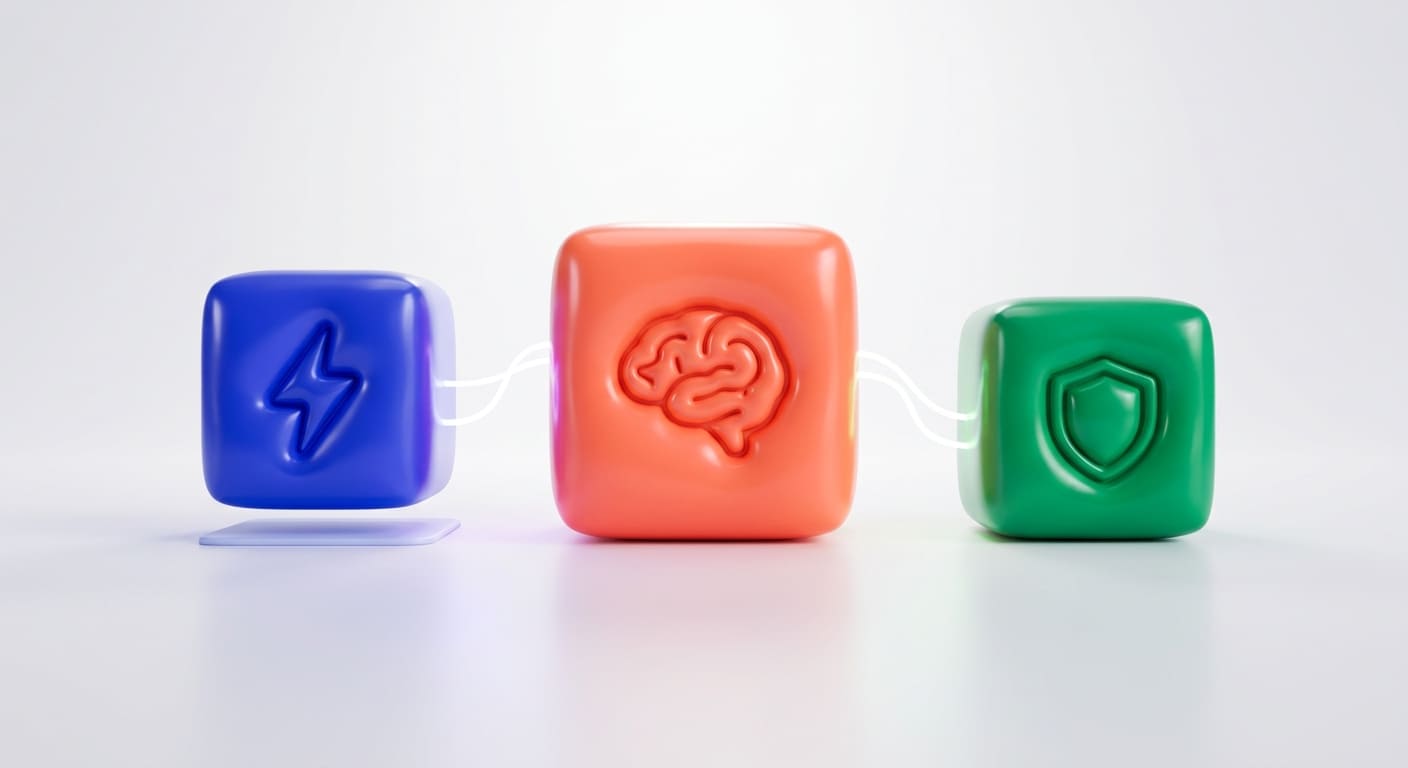 Три куба с символами молнии, мозга и щита от Anthropic