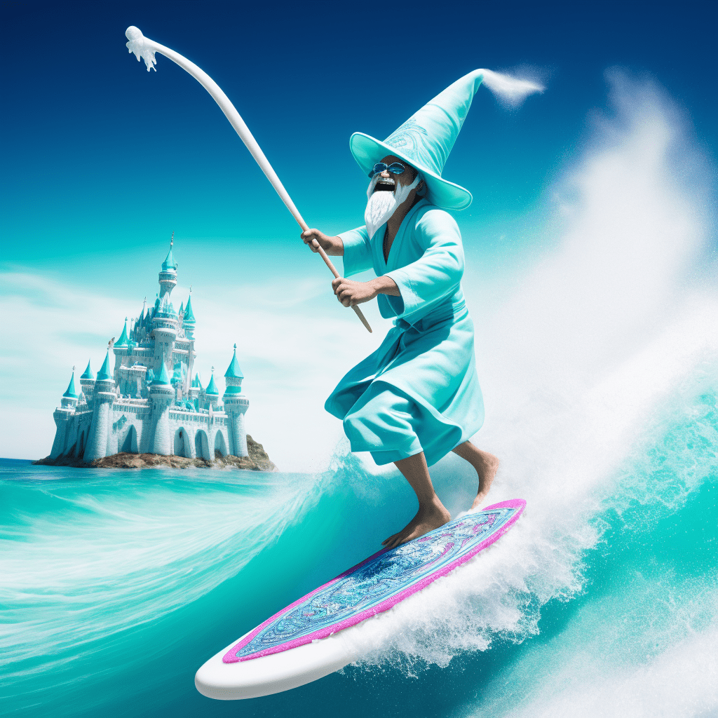 Toothpaste wizard surfing on a brush, epic minty waves, robe made of dental floss, fluoride crystal staff, castle made of molars in the horizon, spell of the cavity-free, neon blue and bristle white, refreshingly rad, brush 'n' ride, minty fresh magic. 
